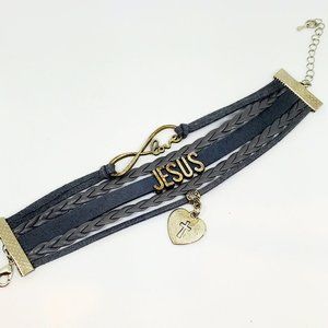 Love Jesus Cross Heart Charm Gray Leather Suede Wide Bracelet